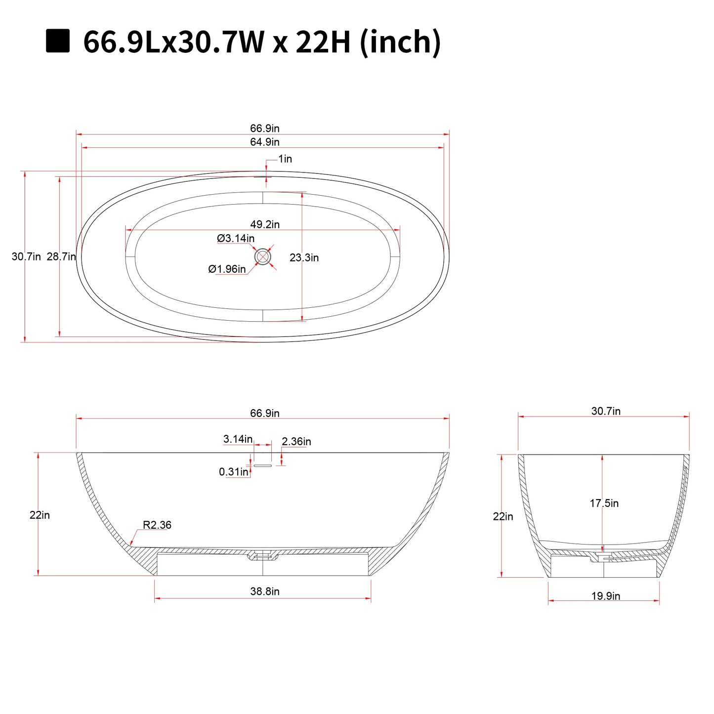 67" Freestanding Bathtub with Pop-up Drain