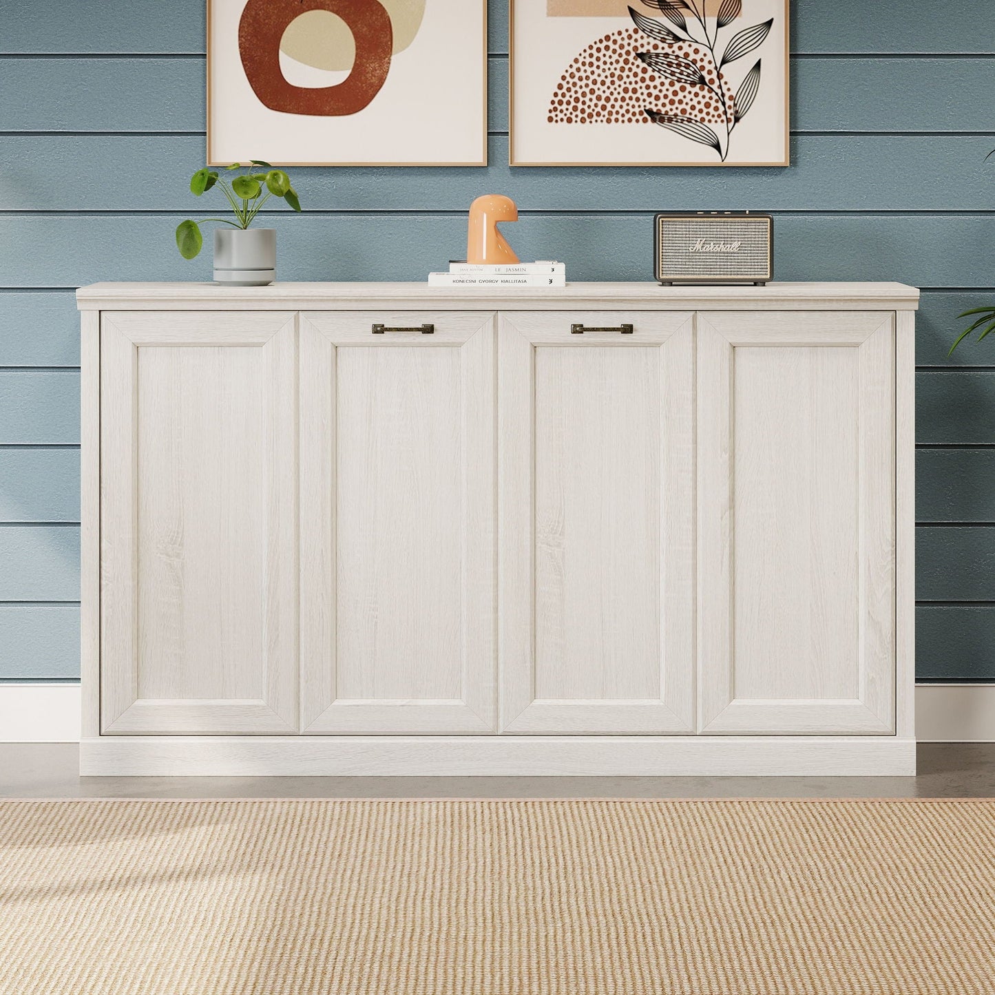 Twin Size Horizontal Murphy Bed With Dual Piston System, Space Saving Wall Bed Folds Into Cabinet - Rustic White