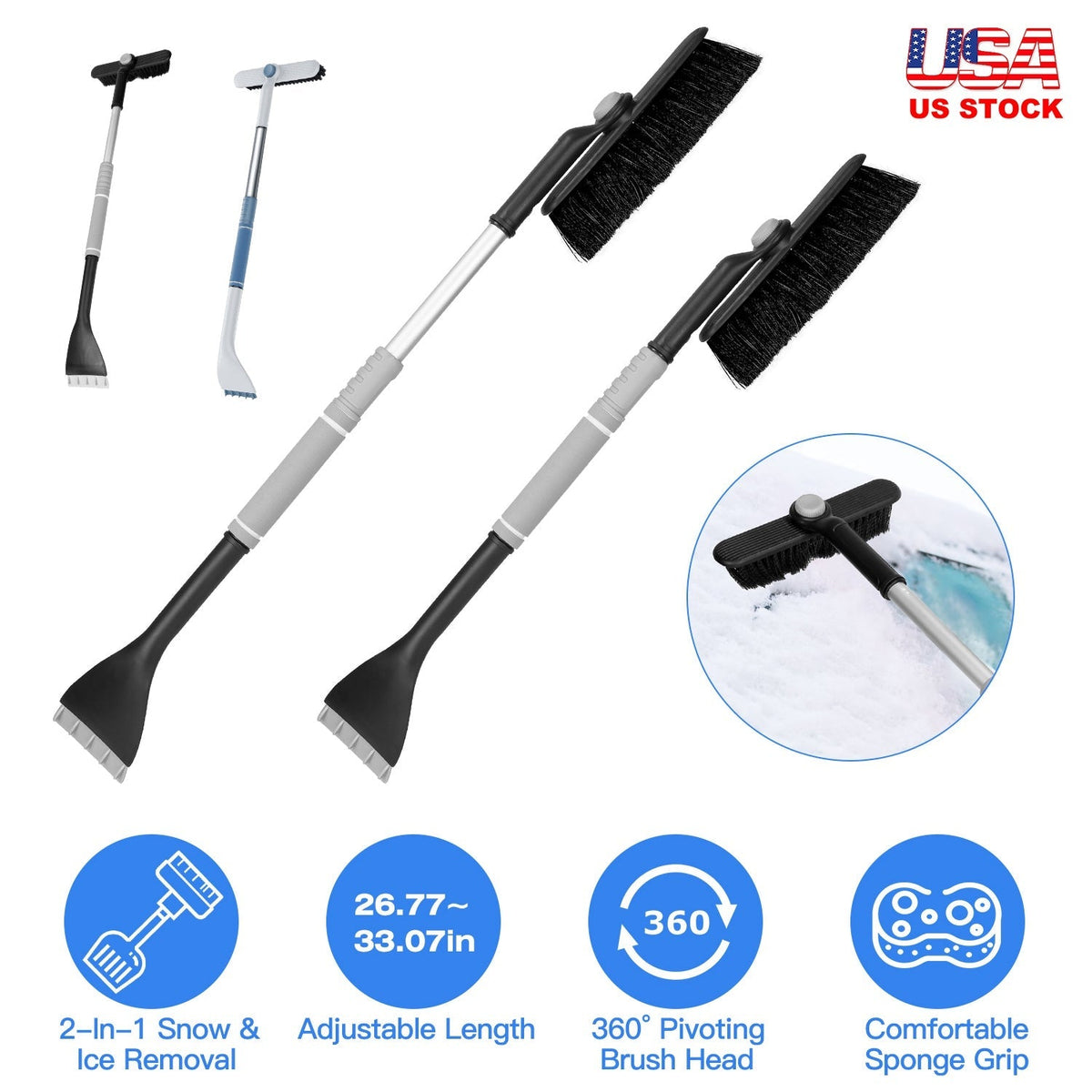 2 In 1 Ice Scraper Extendable Car Snow Brush Telescopic Snow Removal Tool Automobile Snow Shovel Frost Removal with 360¡ Pivoting Brush Head Sponge Gr
