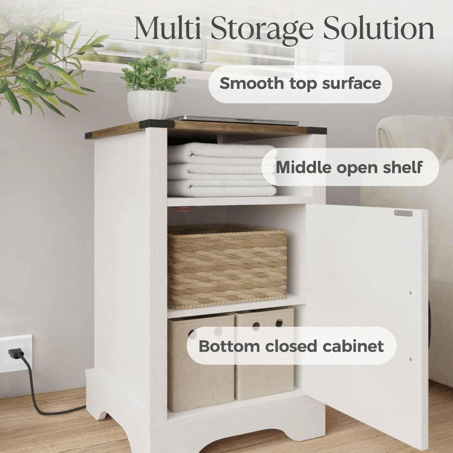 Farmhouse Nightstand With Charging Station & Storage