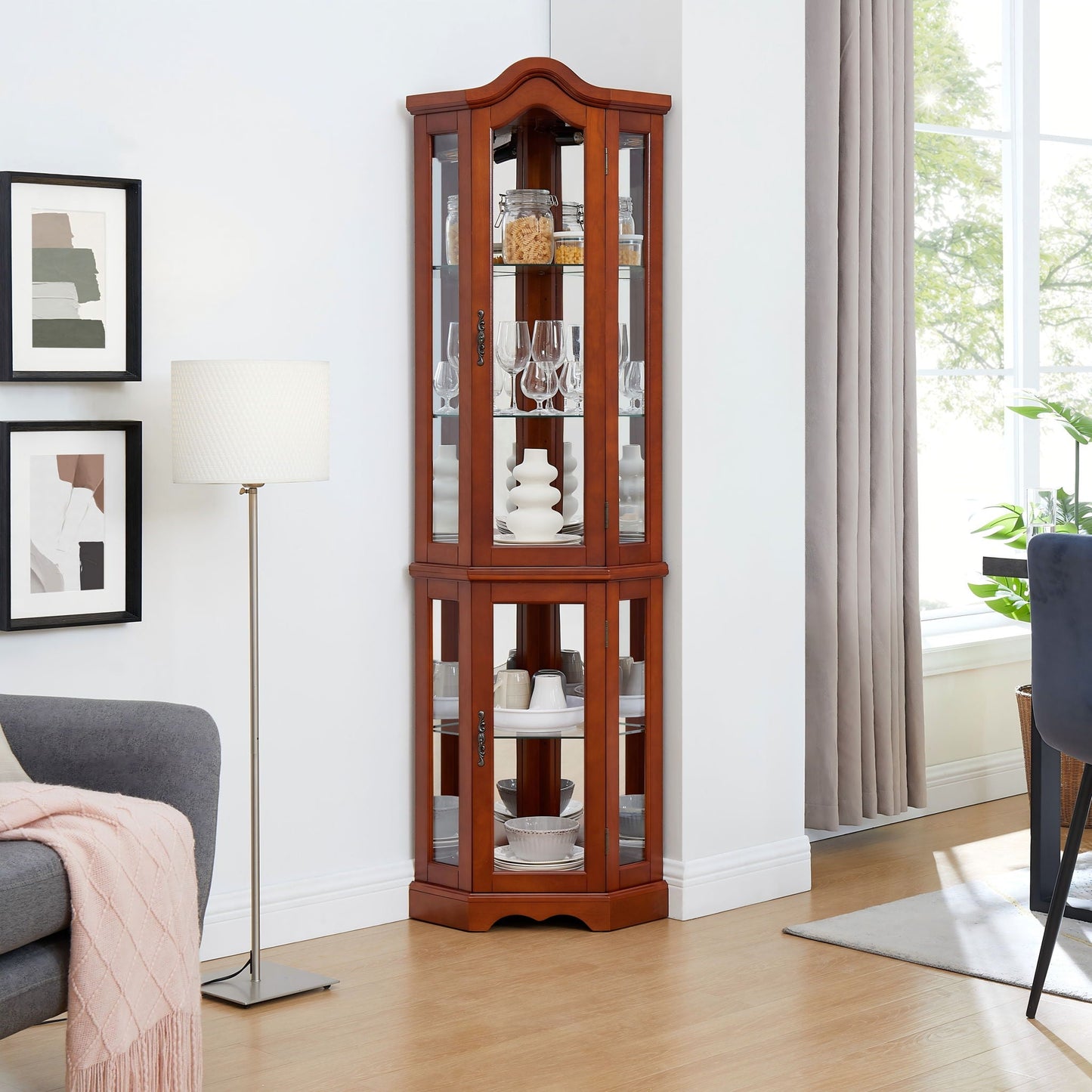 Corner Curio Cabinet With Lights, Adjustable Shelves, Mirrored Back - Walnut