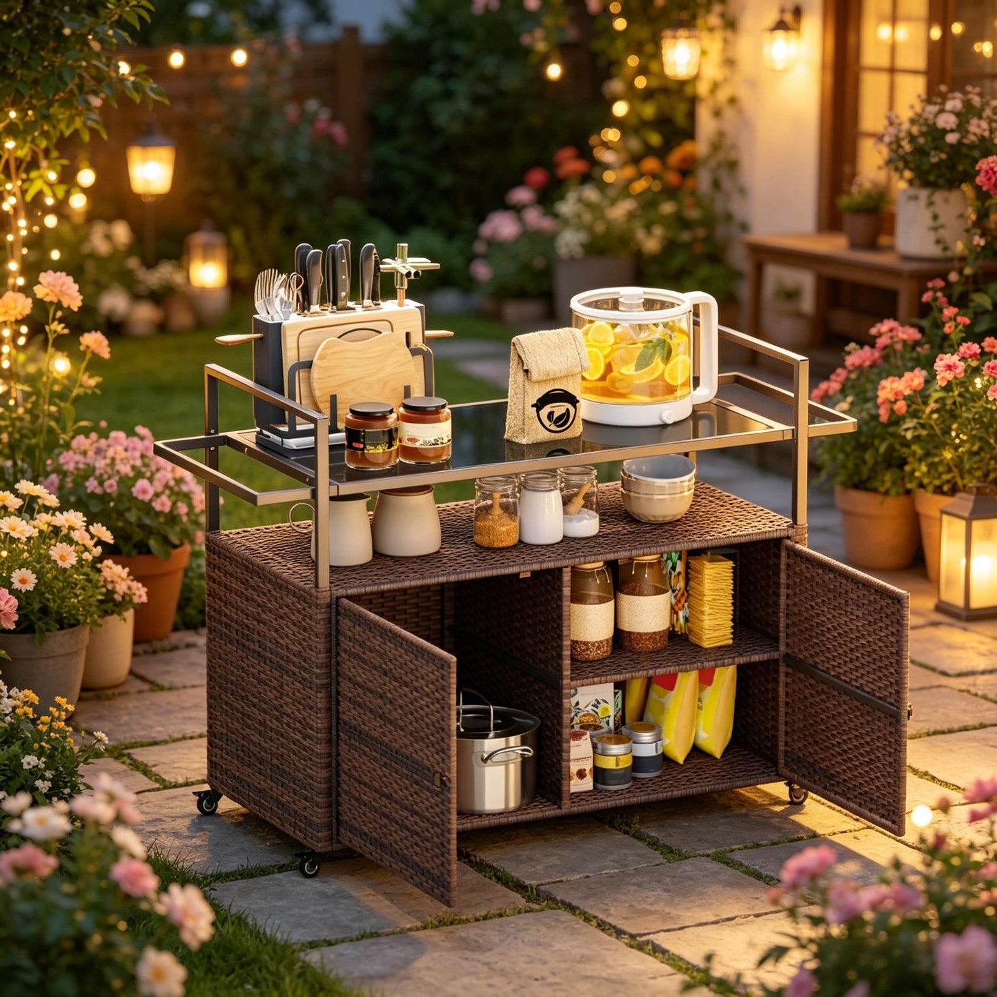 Rattan Storage Cart, Portable Outdoor Serving Cart, Garden Storage Organizer