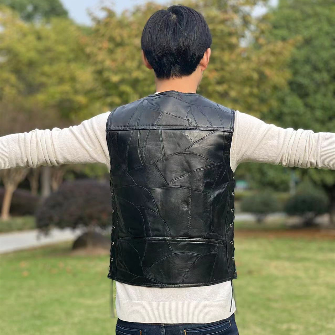 Classic Leather Biker Vest Mens WaistcoatPatchwork Sleeveless Jacket