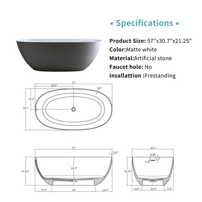 57" Solid Surface Matte Tub