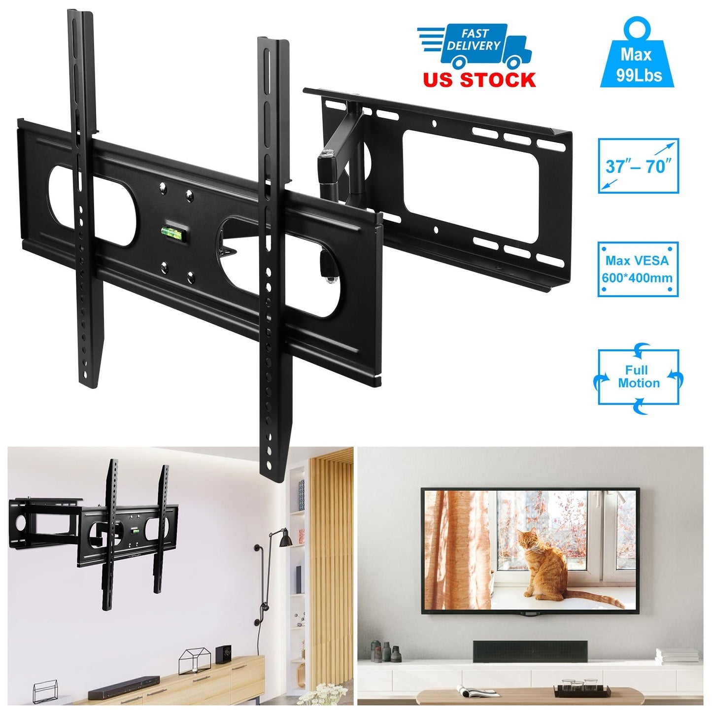 Full Motion TV Wall Mount Swivel Tilt TV Wall Rack Support 37-70Ó TV Wall Mount Max VESA Up To 600x400mm Holds Up To 99LBS