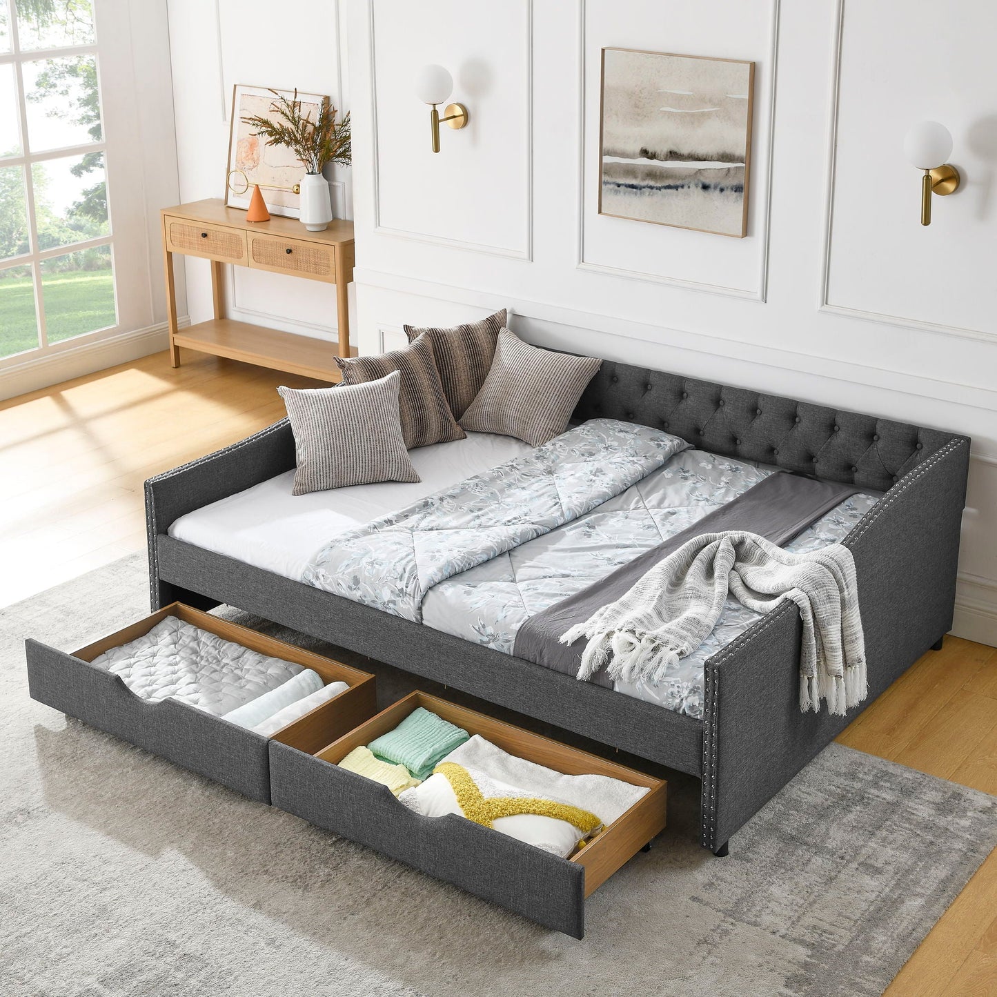 Upholstered Tufted Daybed With 2 Drawers, Waved Arms