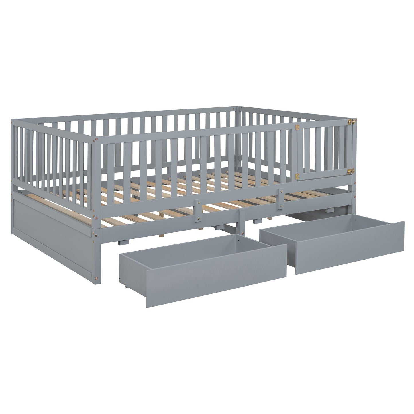 Daybed With Fence Guardrails And 2 Drawers, Split Into Independent Floor Bed & Daybed