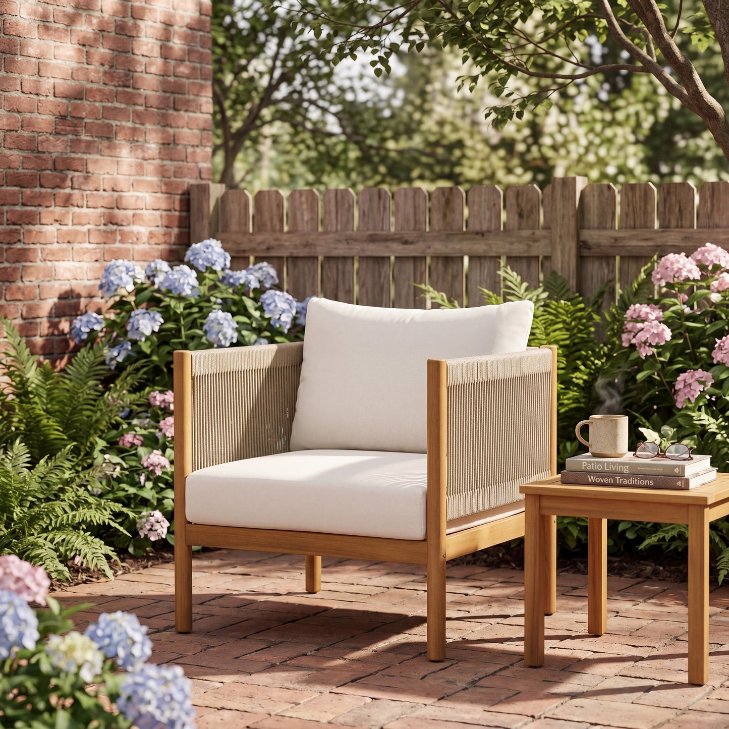 Outdoor Club Chair with Acacia Wood Frame in Teak Look