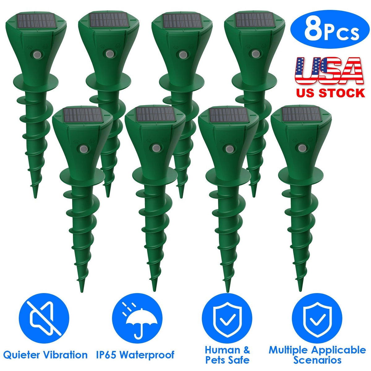 8Pcs Solar Powered Mole Repellent Waterproof Solar Animal Repellers for Moles Gophers Groundhogs Snakes Voles Outdoor Vibration Stake For Farm Garden