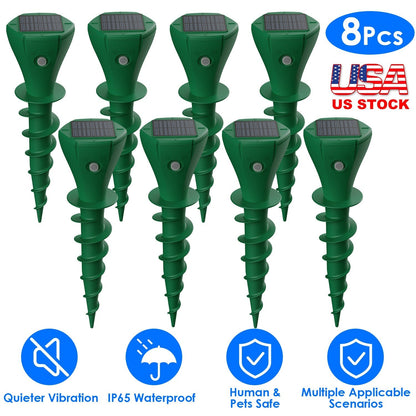 8Pcs Solar Powered Mole Repellent Waterproof Solar Animal Repellers for Moles Gophers Groundhogs Snakes Voles Outdoor Vibration Stake For Farm Garden