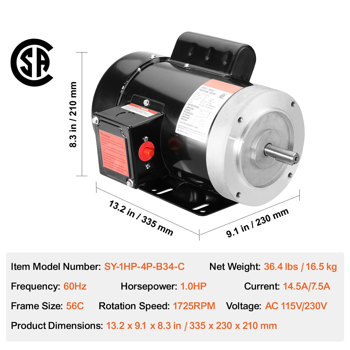 1HP Electric Motor 1725 RPM AC 115V/230V