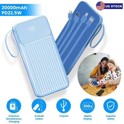 PD22.5W Fast Charger 20000mAh Fast Charging Power Bank Portable Charger with 4 Inbuilt Cables Digital Display Handle Fit For IOSPhone 15/14 Android An
