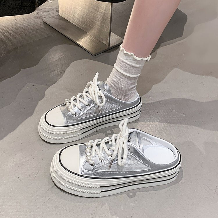 New Casual Breathable Mesh Closed Toe Mules, Versatile Lightweight Good-Looking White Slip-On Shoes For Women