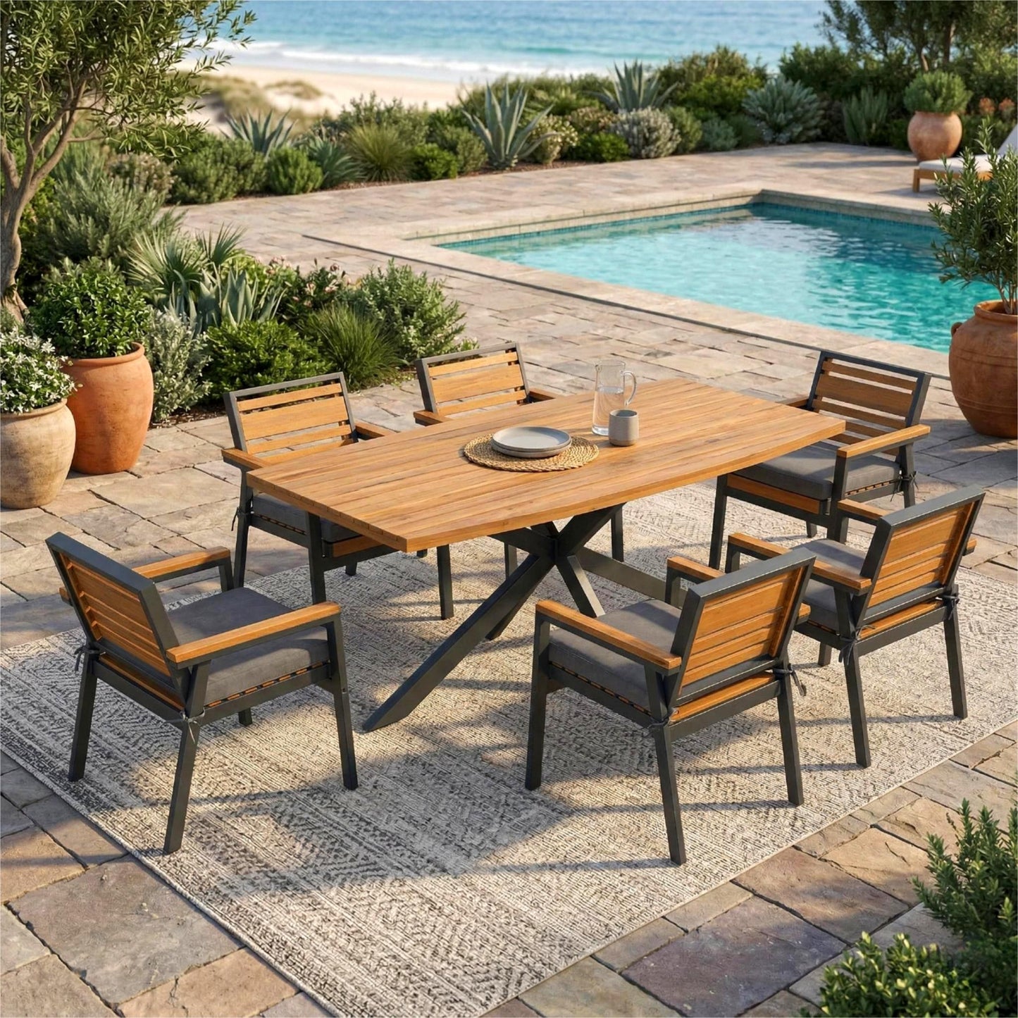 Modern 7-Piece Dining Set with Acacia Wood and Iron Frame