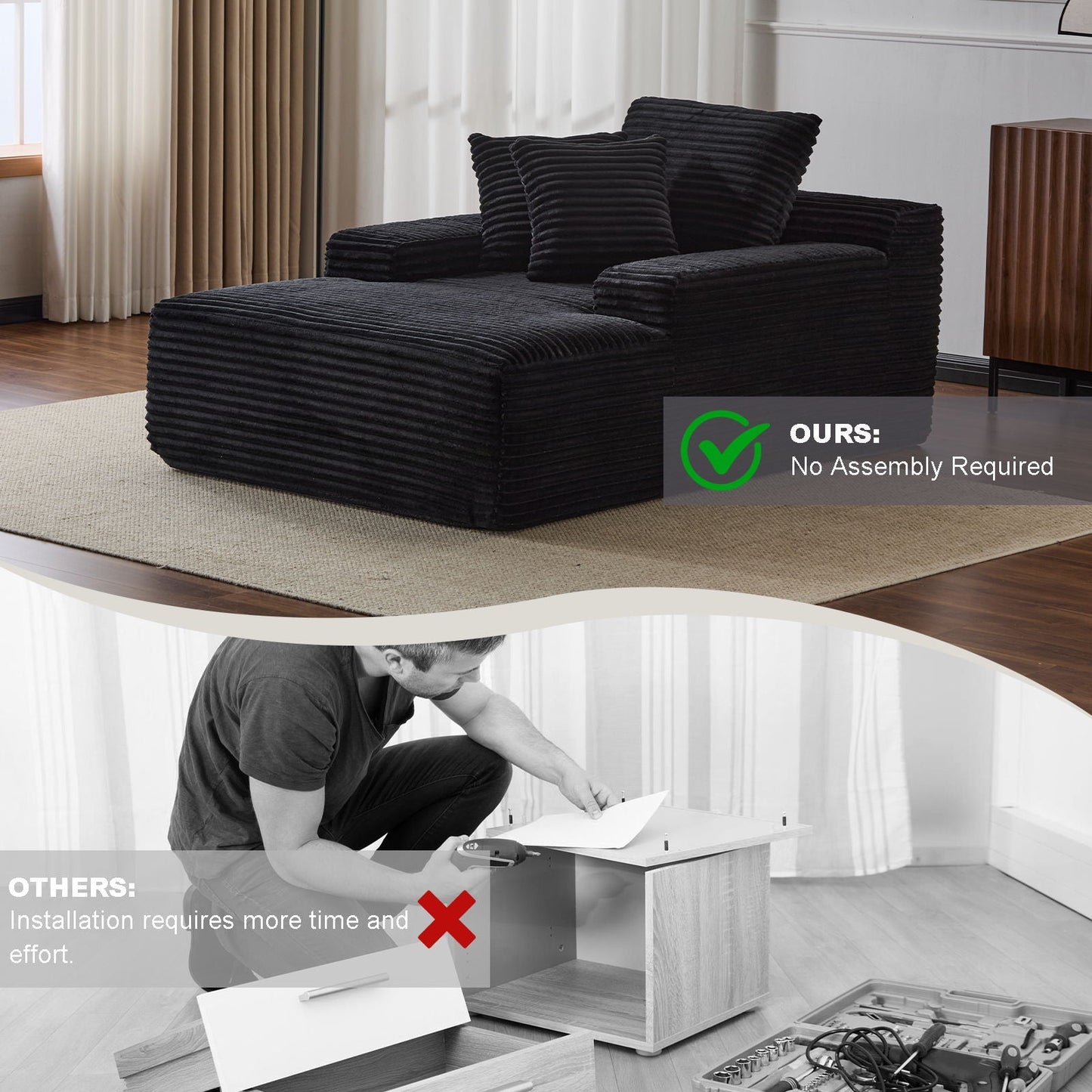 Oversized Chaise Lounge Chair Cozy Cloud Couch With 3 Throw Pillows And Wide Armrest
