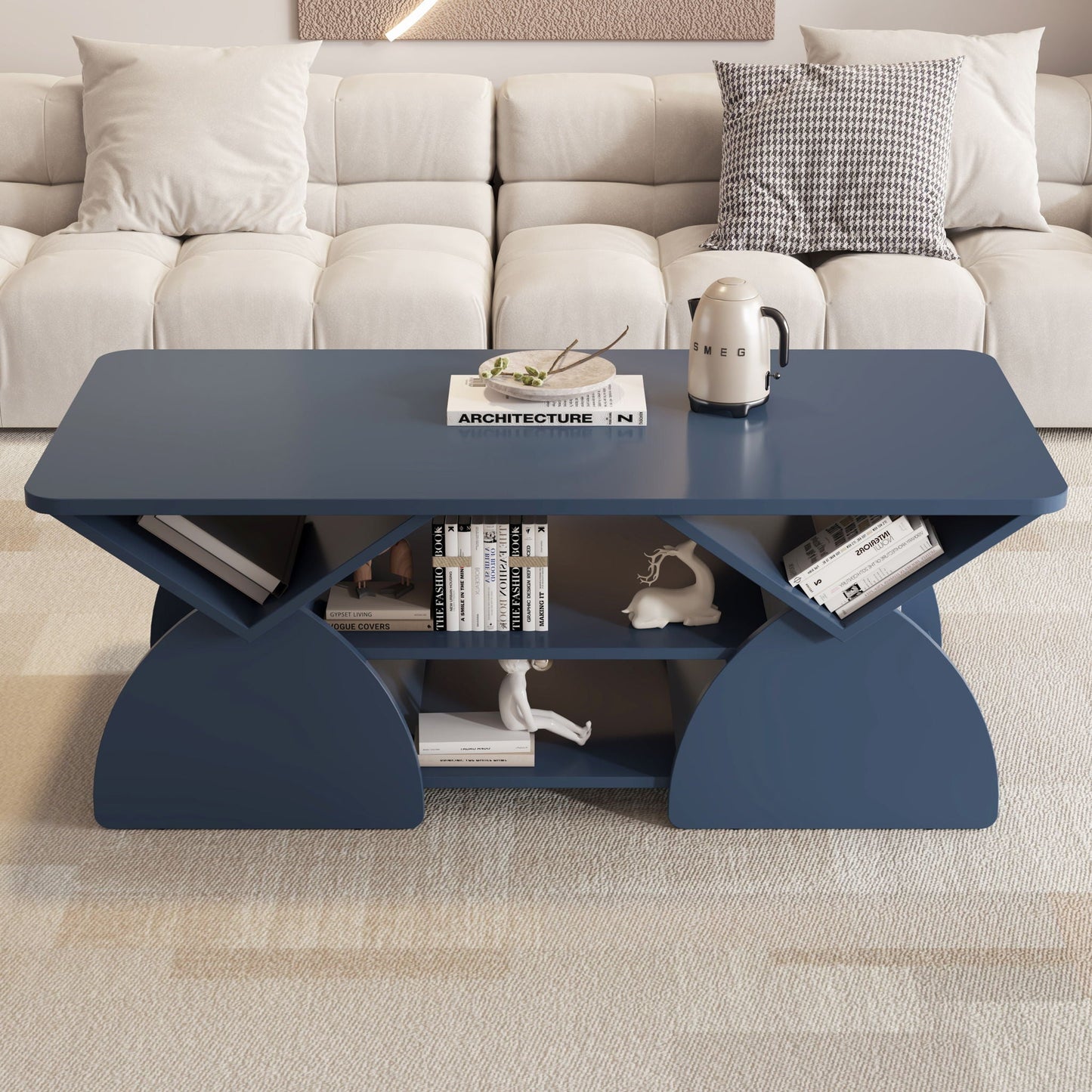 Geometric Engineered Coffee Table with Rounded Corners and Open Shelves