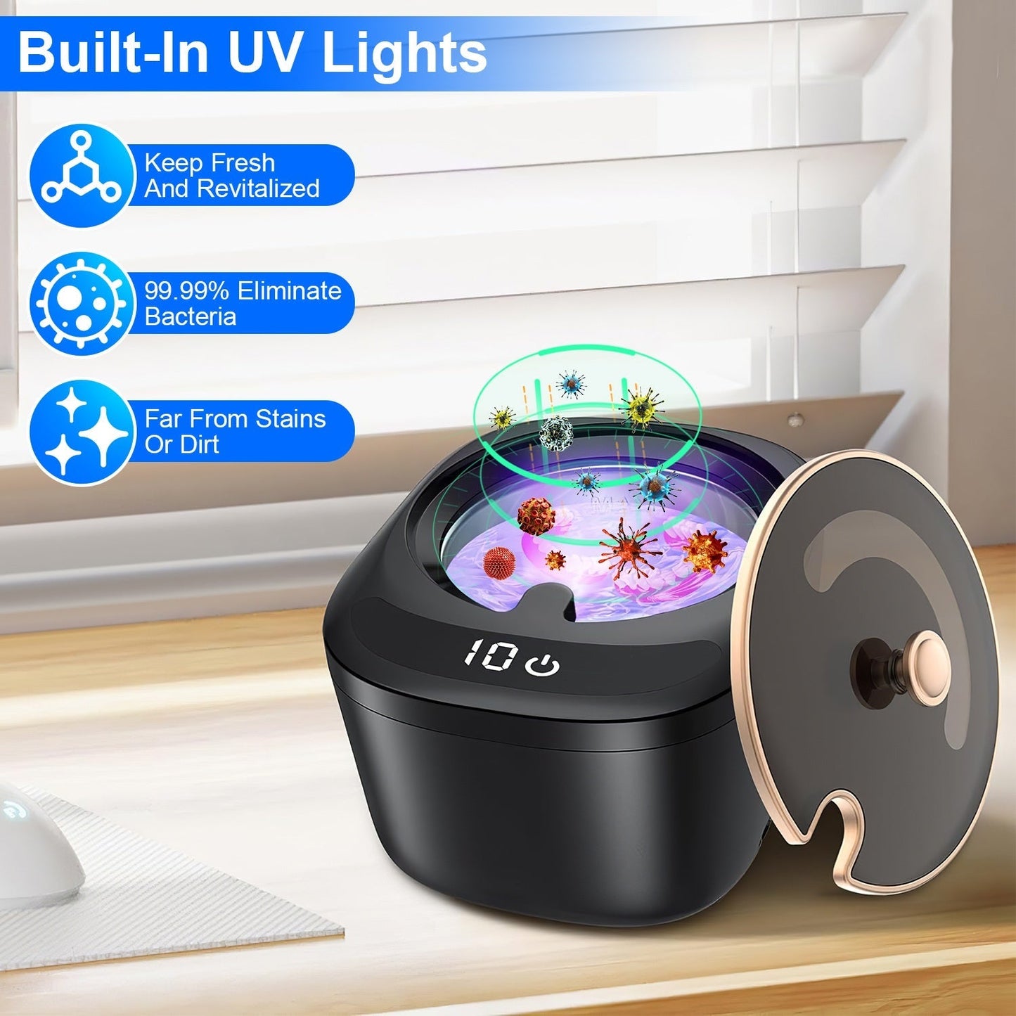 Ultrasonic Retainer Cleaner 45kHz Ultrasonic Cleaning Machine with 3 Modes 230ML Capacity UV Light for Denture Mouth Guard Aligner Dental Trays Braces