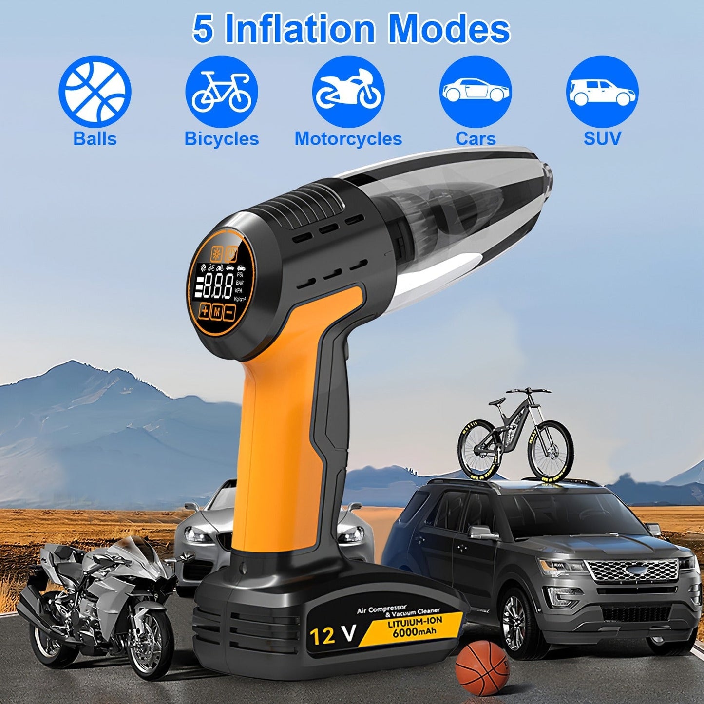 4 In 1 Cordless Car Vacuum Cleaner and Tire Inflator with LED Light Digital Display Tire Pressure Gauge 150PSI Rechargeable Air Compressor Pump Essent
