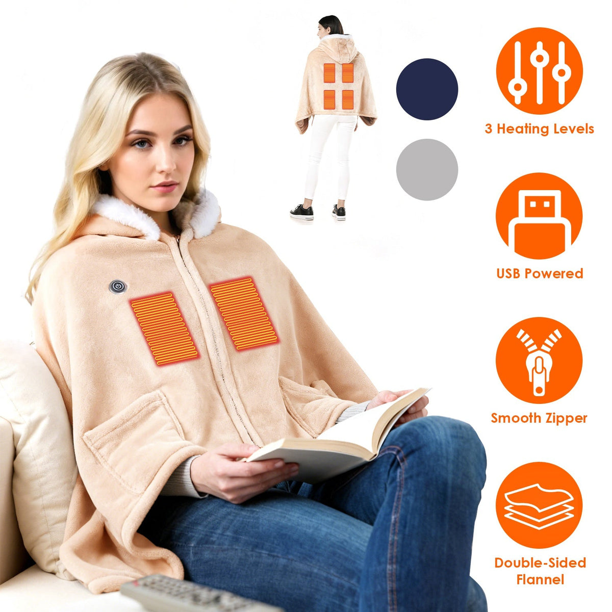 Wearable Heated Blanket with 8 Heating Zones and 3 Temp Levels