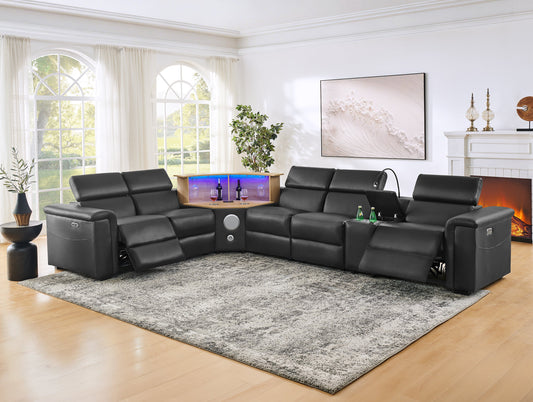 5-Seater Air Leather L-Shaped Powered Recliner Sofa Set with Motorized Lift Cabinet