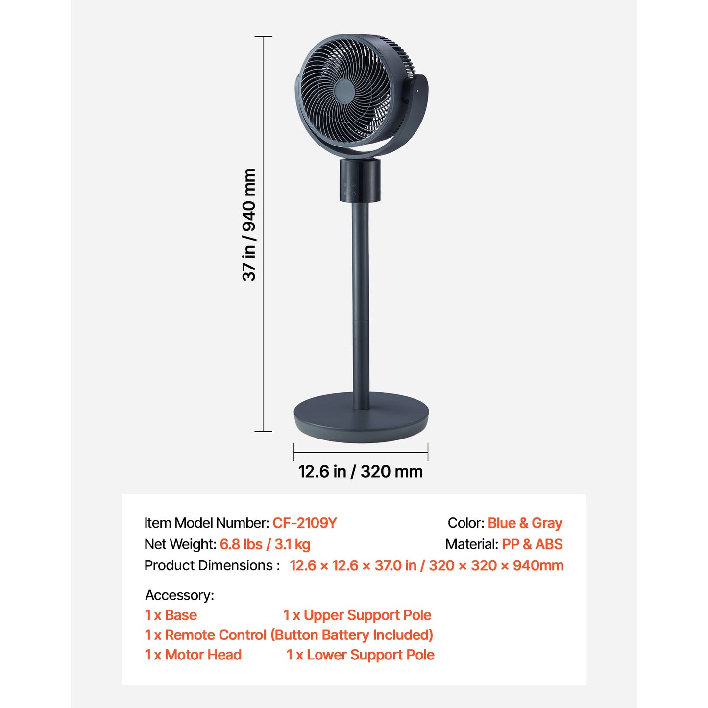 7-Inch Pedestal Fan with Oscillating Standing Design and Remote Control
