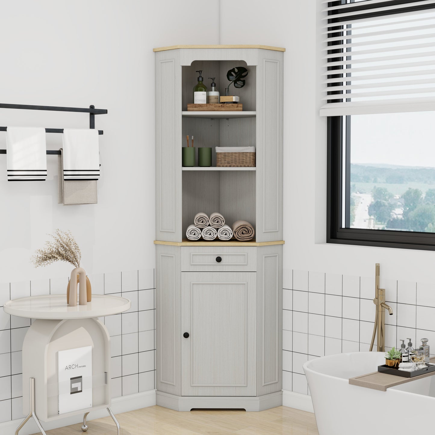68" Tall Corner Cabinet with Door, Drawer, and Adjustable Shelf