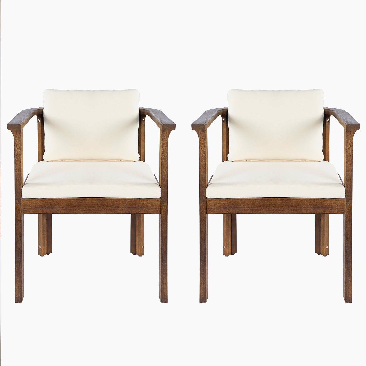 Outdoor Dining Chair Set of 2 with Curved Acacia Wood Arms, Brown Finish and Cream Cushions
