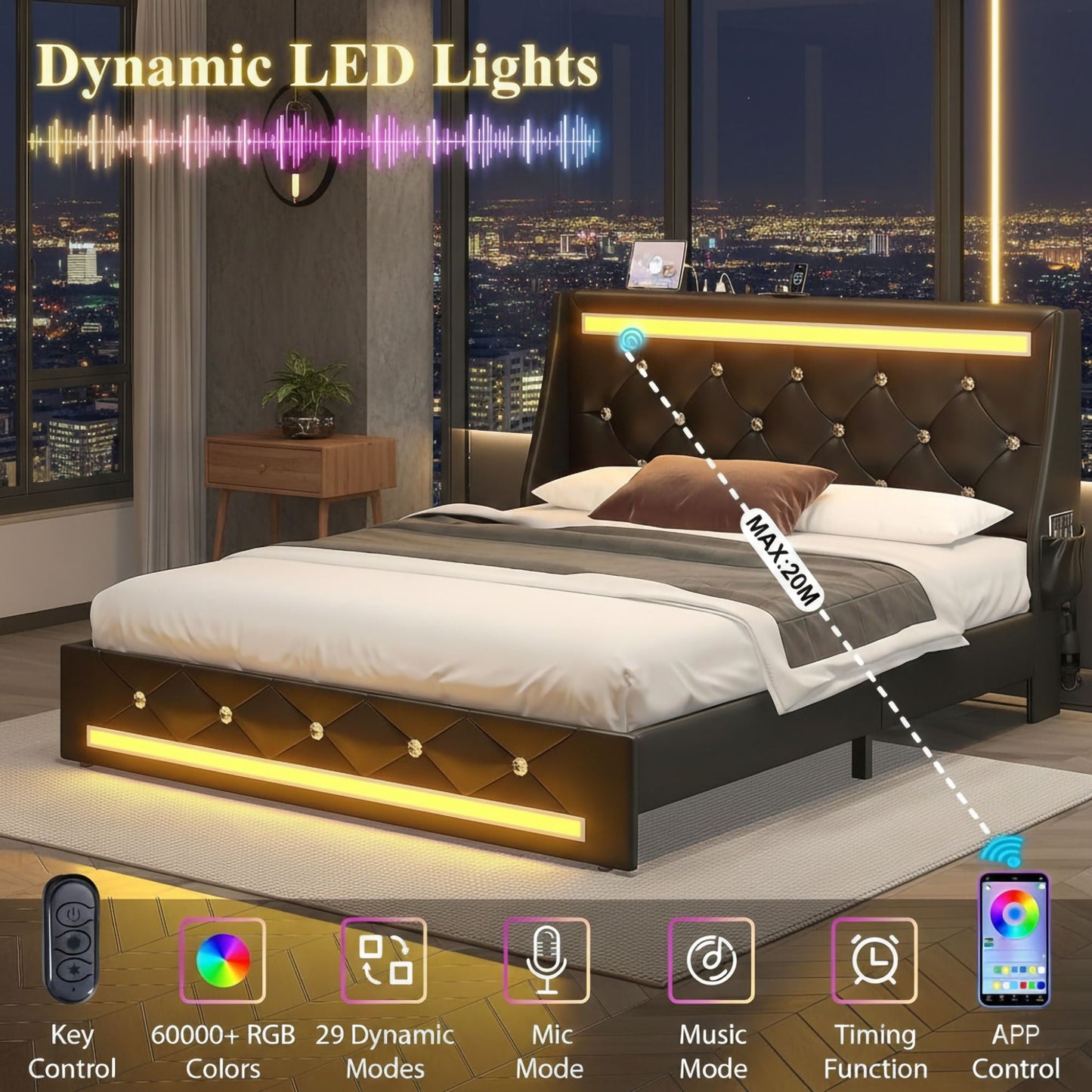 Wingback Upholstered Bed Frame With LED Lights, Charging Station