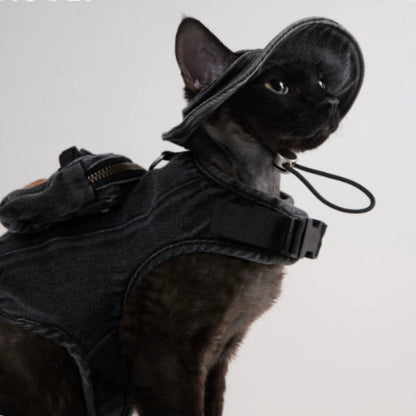 Adjustable Traction Vest And Fisherman's Hat Set For Walking A Cat In Devon.