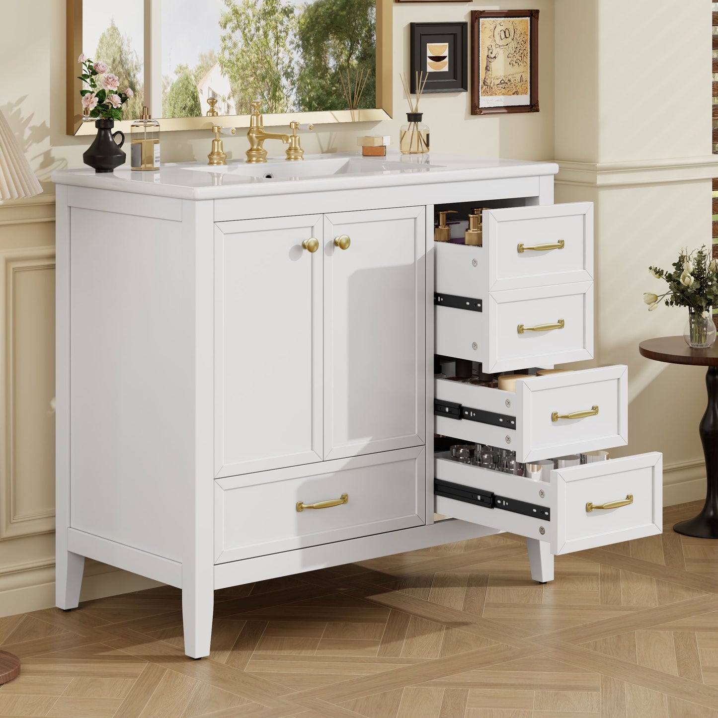 Elegant Vintage Bathroom Vanity With Sink and Soft Closing Drawers