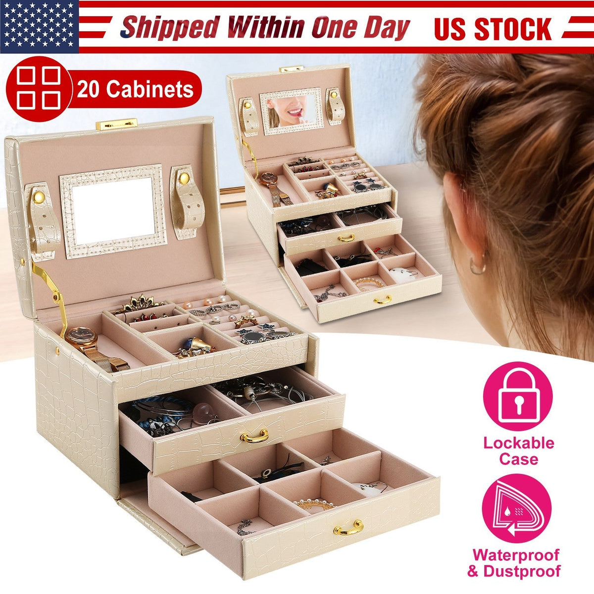 Jewelry Case Organizer 3-layer Lockable Travel Jewelry Box PU Leather Storage Display Case with Mirror Protective for Bracelets Earrings Rings Necklac