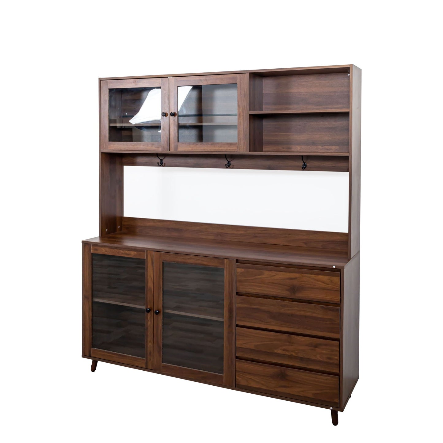 Large Kitchen Hutch Cabinet, Storage Kitchen Cupboard With 4 Doors, 4 Drawers & Microwave Shelf - Walnut