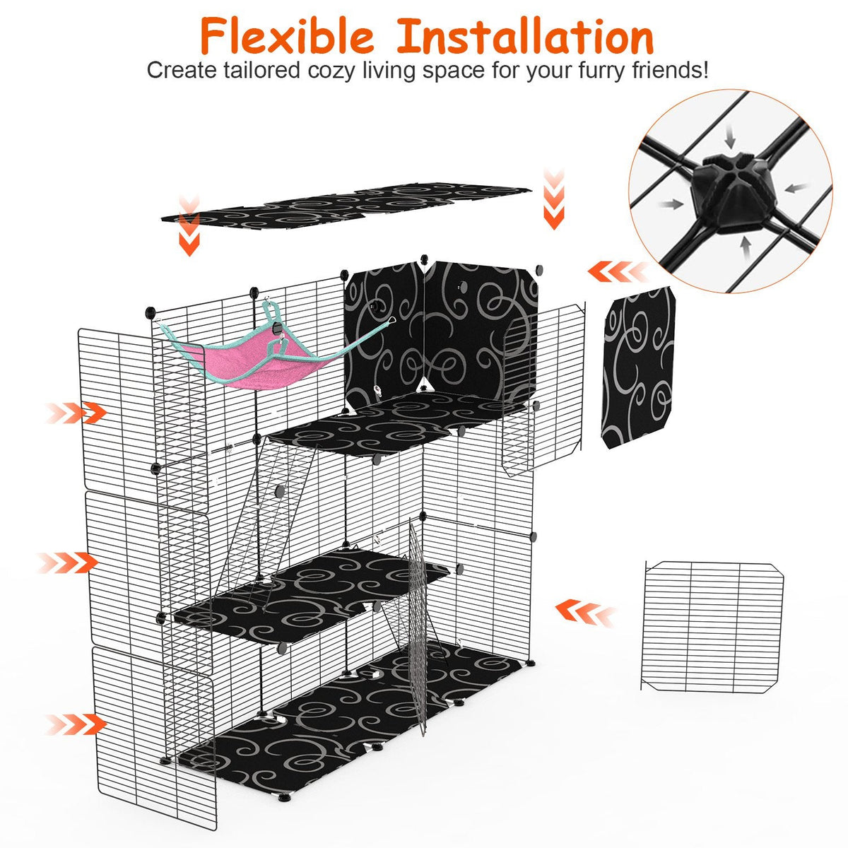 3-Tier Cat Cage Enclosure Indoor Cat Cage Playpen With Hammock Toy Ball Ladder DIY Iron Wire Cat House Kennels Crate For 1-2 Cats Ferret Rabbit Small