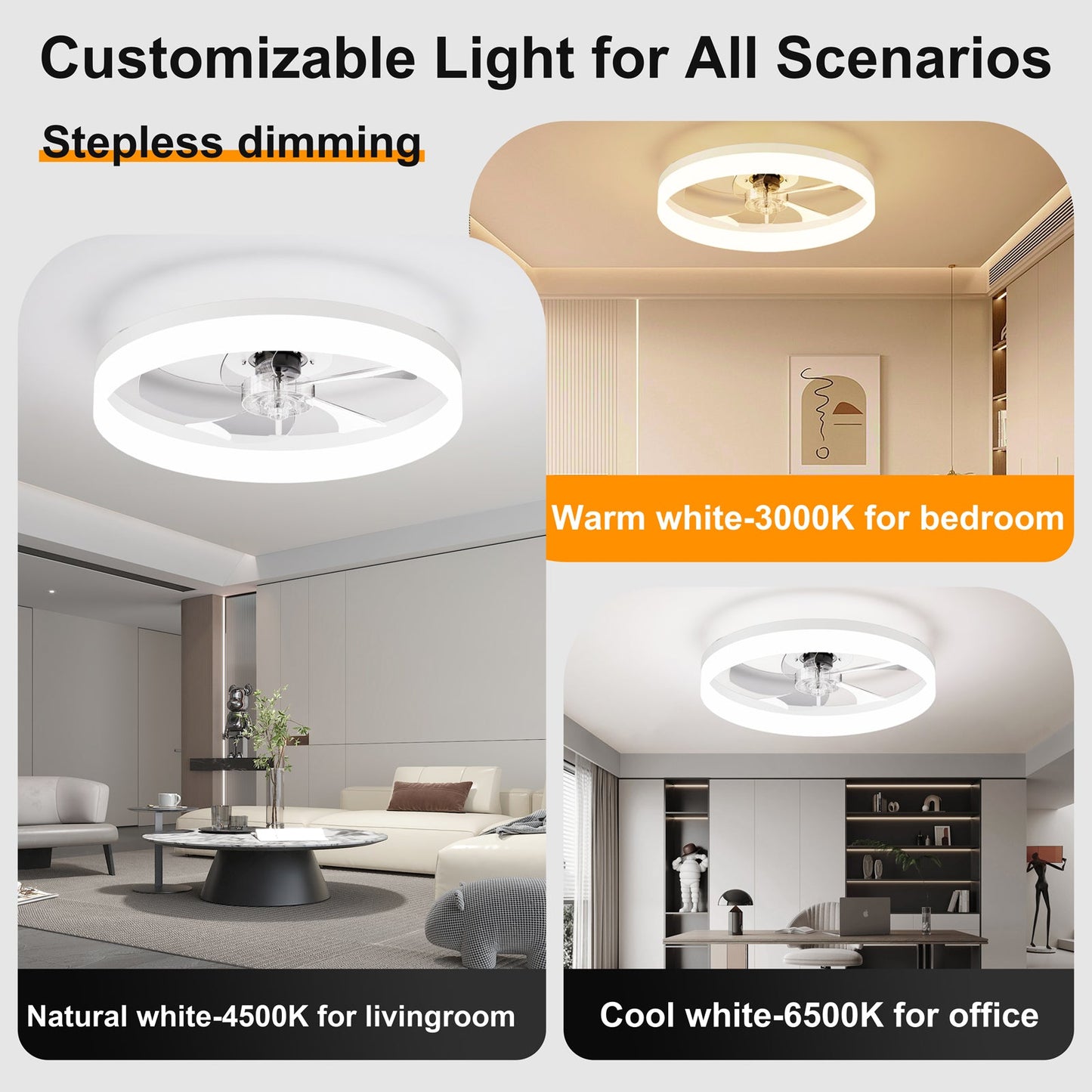 19.7'' LED Ceiling Fan Light with Remote & App Control, 6 Speeds, Dimmable, 3000K-6500K, Flush Mount