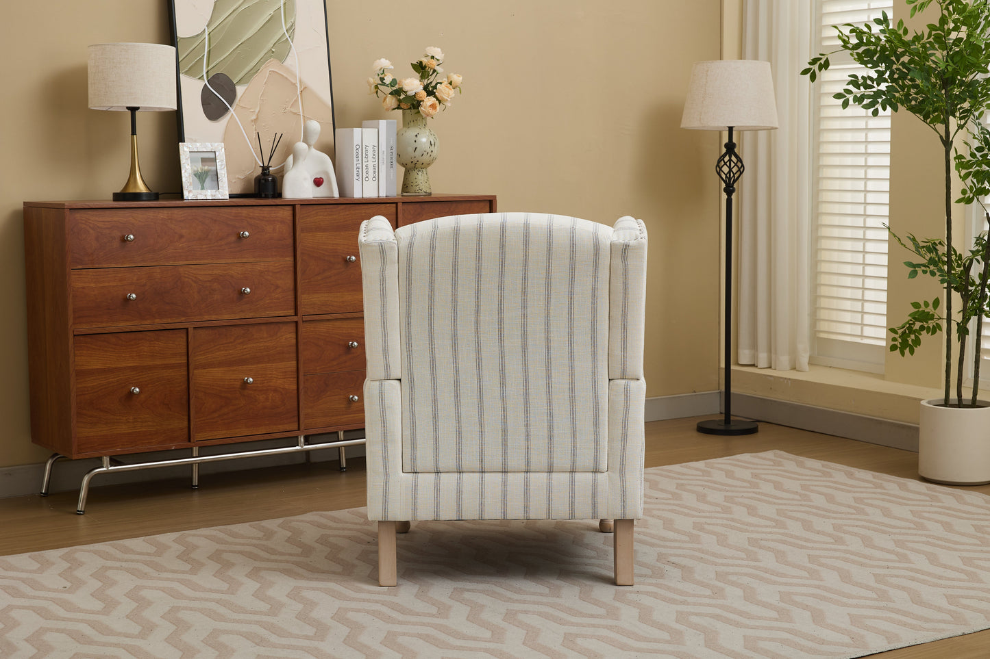 Modern Accent Chair with Retro Wood Legs and Floral Design