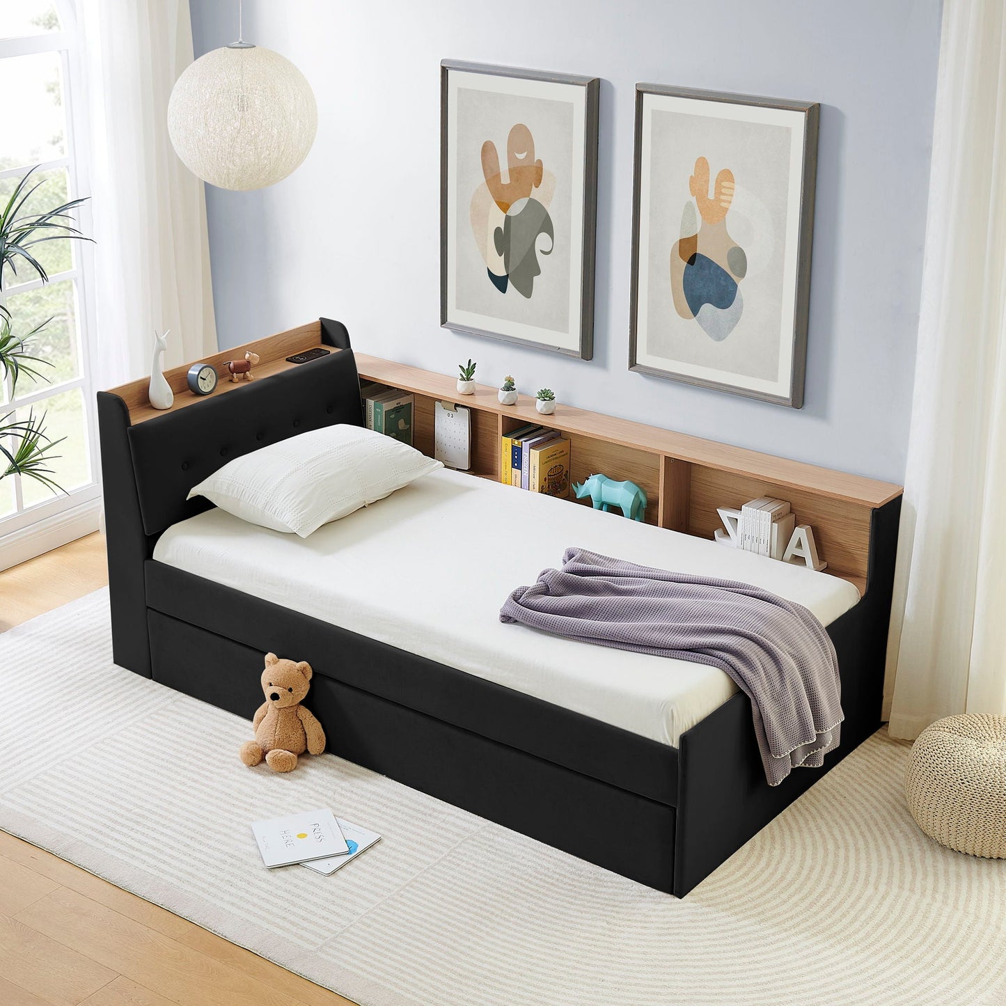 Upholstered Daybed With Storage Headboard, Wireless Charging, LED Lights
