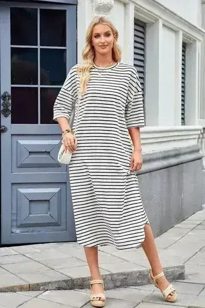 Lovelet Contrast Striped Half Sleeve Midi Tee Dress