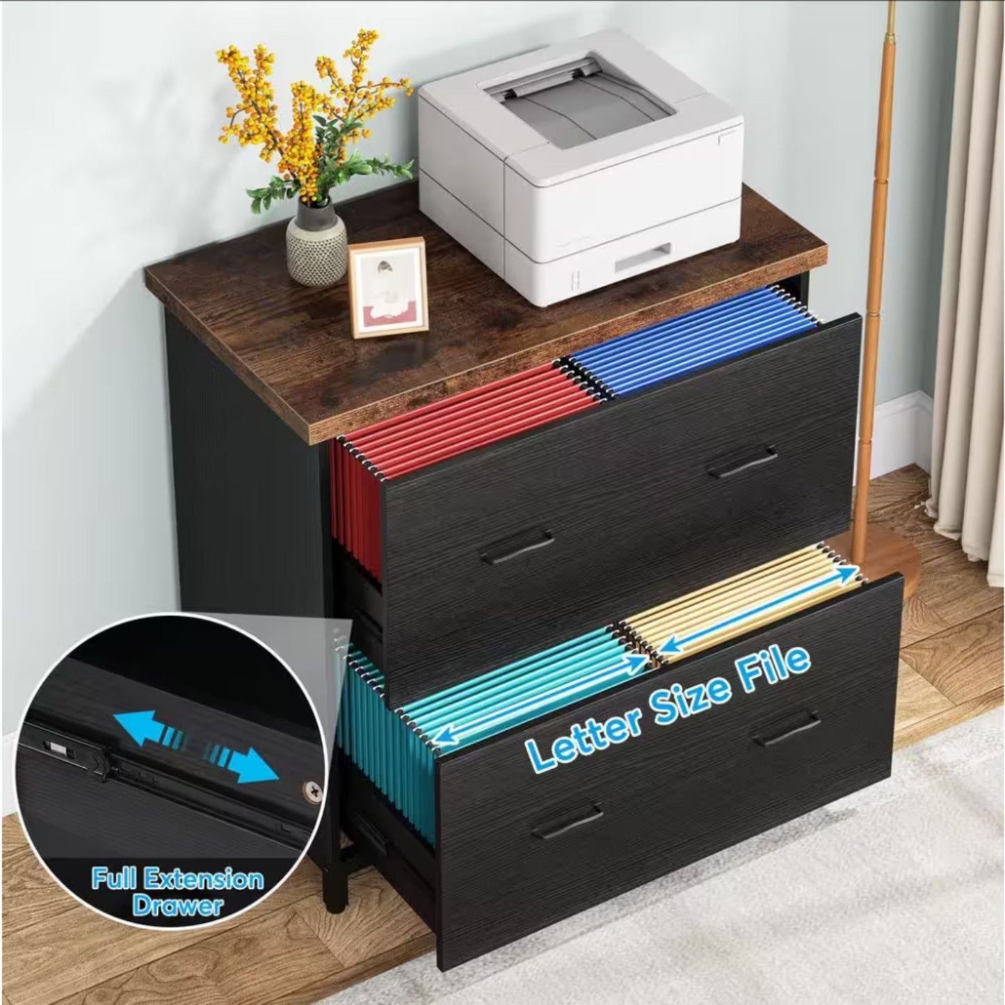 2 Drawer Lateral File Cabinet, A4 / Letter Size, Heavy Duty Storage For Home Office - Brown / Black