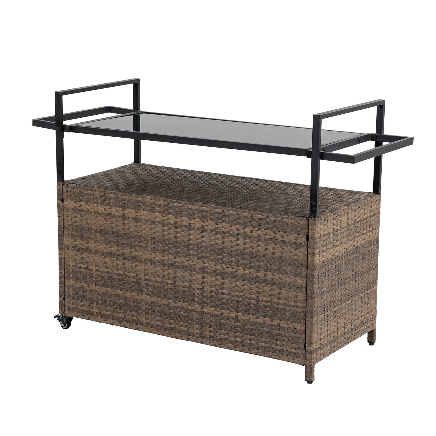 Outdoor Wicker Bar Cart with Glass Top and Wheels