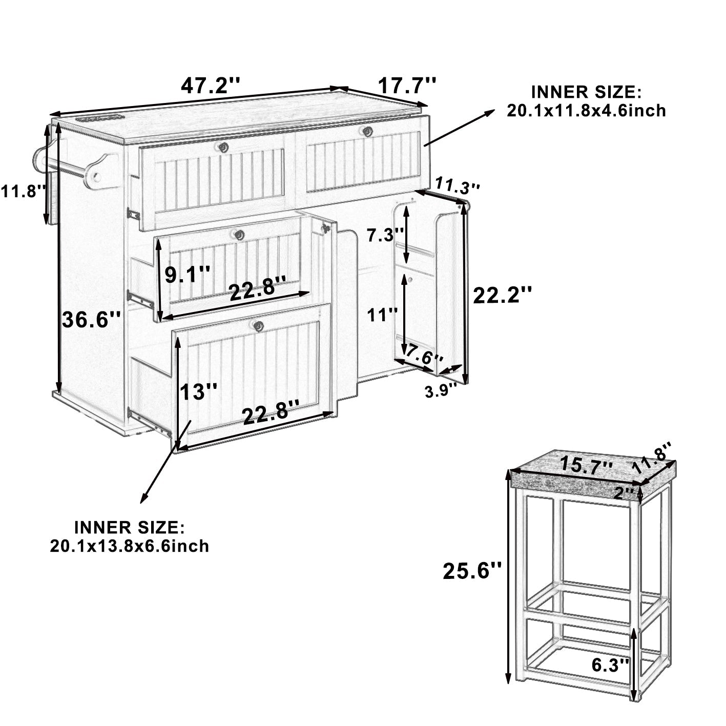 TOPMAX Farmhouse Kitchen Island with Drop Leaf and 2 Seatings