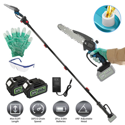 2-In-1 8Ó Cordless Electric Pole Saw and Mini Chainsaw with Extension Poles 2Pcs 21V 3.0Ah Batteries Adjustable Length Chain Saw With Auto Oiler Safet
