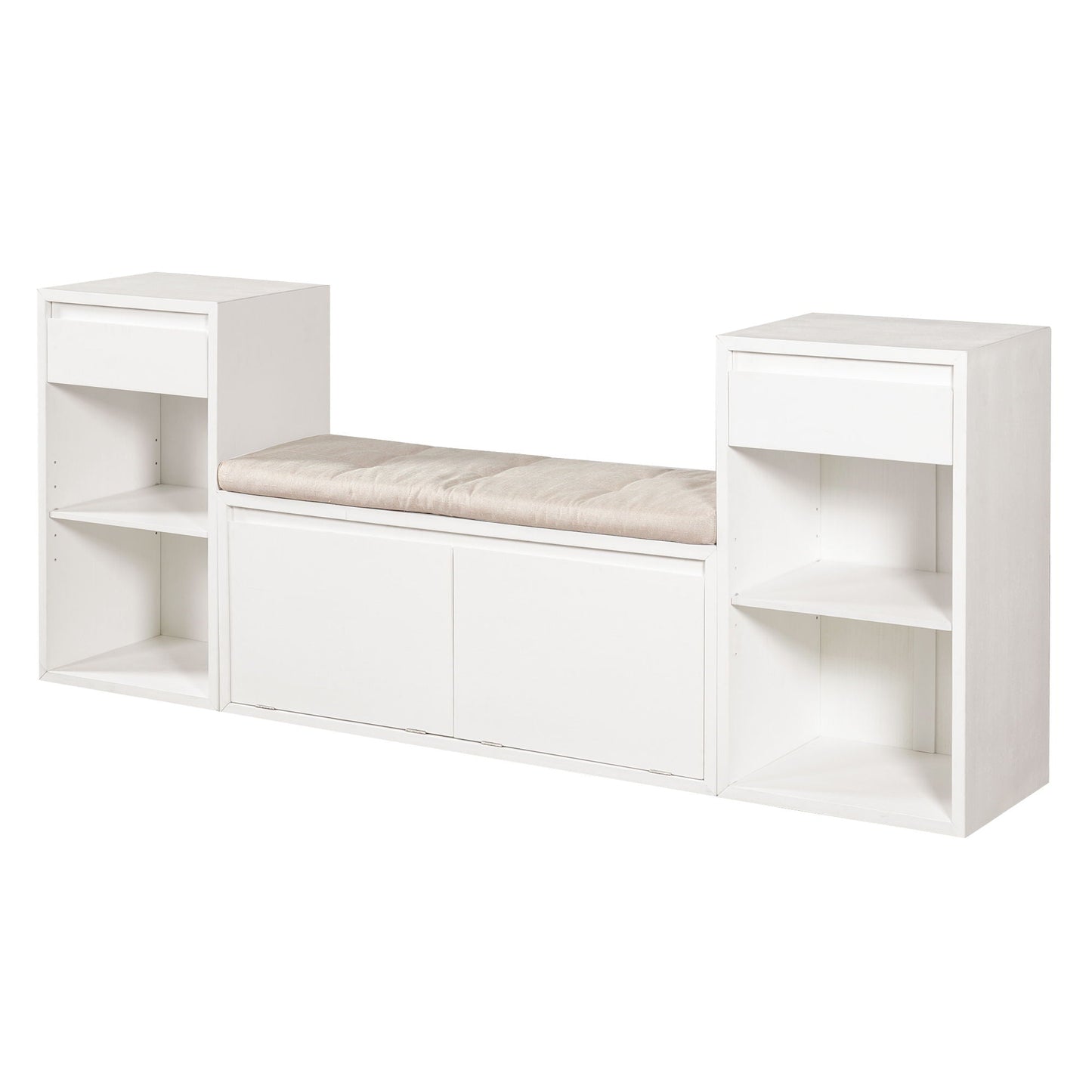 Entryway Storage Bench With Cushion, Drawers & Open Shelves