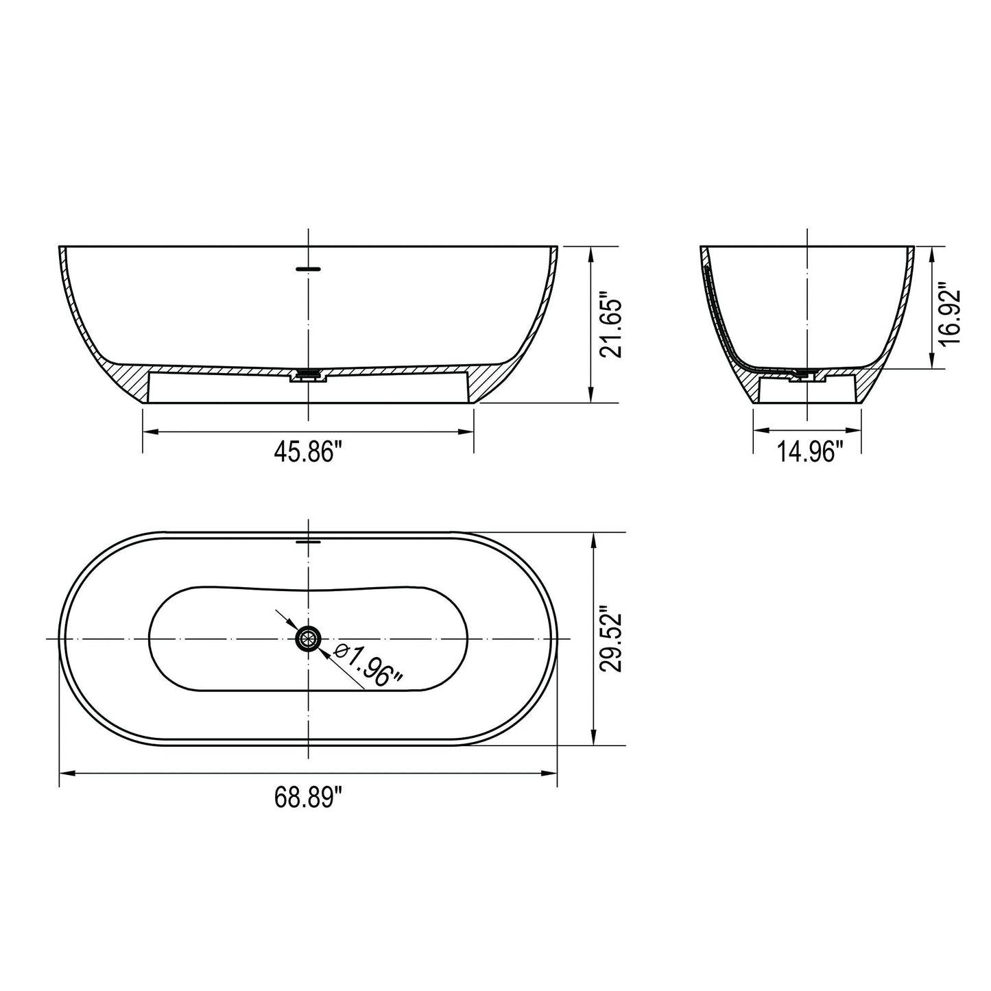 68.9" Freestanding Solid Surface Soaking Bathtub For Bathroom - Matte White
