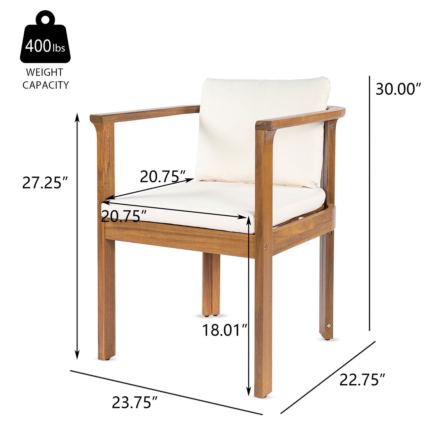 Outdoor Dining Chair Set of 2 with Curved Acacia Wood Arms
