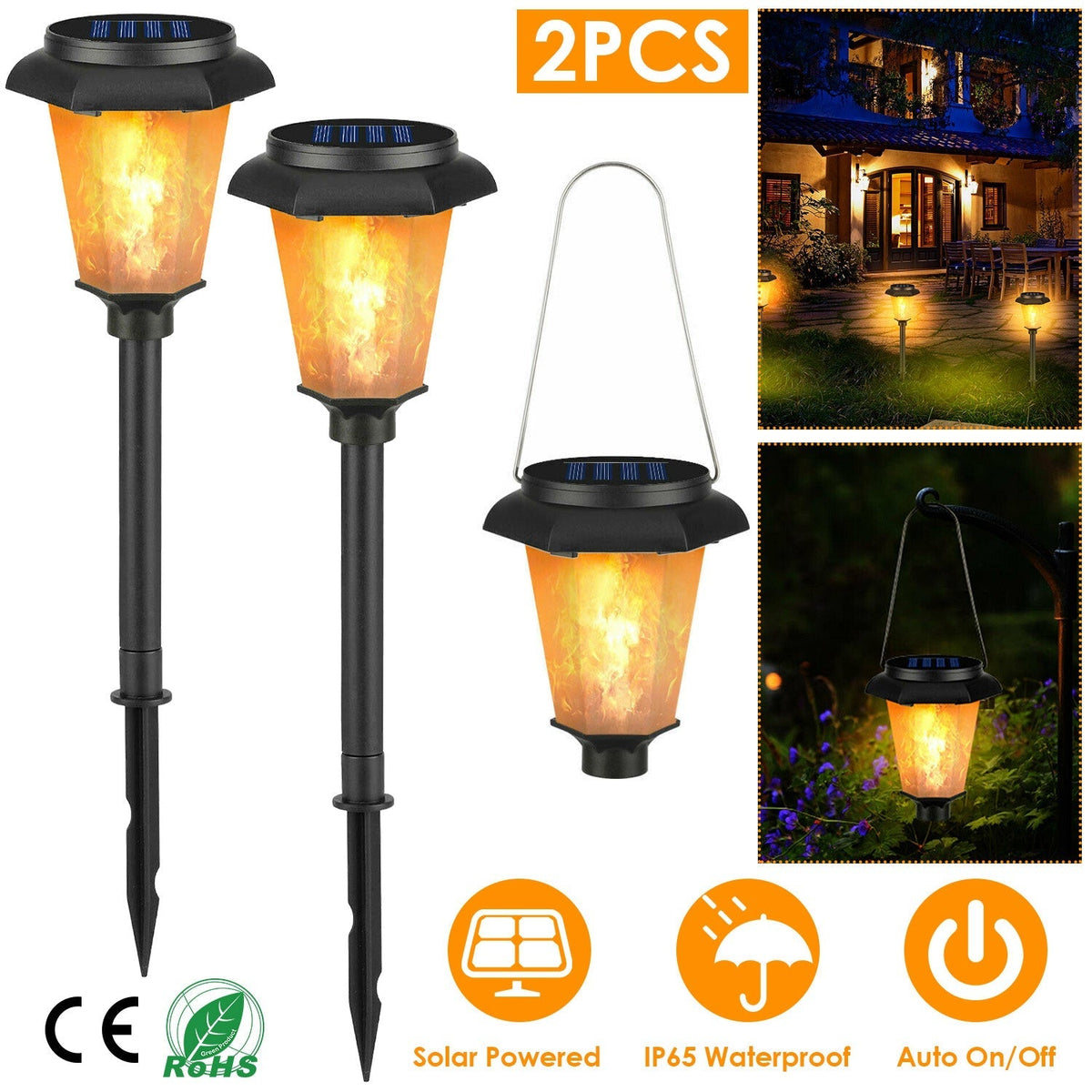 2Pcs Solar Flame Torch Light IP65 Waterproof Flickering Flame Stake Lamp Decorative Landscape Lamp For Garden Path Yard
