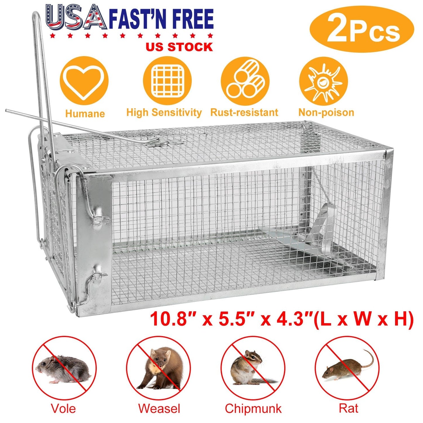 2 Pack Rat Trap Cage Humane Live Rodent Trap Cage Galvanized Iron Mice Mouse Control Bait Catch with Detachable U Shaped Rod