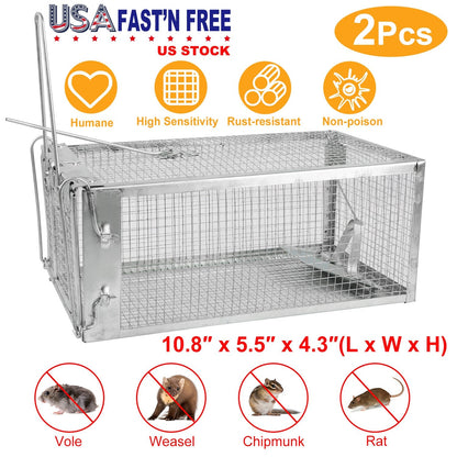 2 Pack Rat Trap Cage Humane Live Rodent Trap Cage Galvanized Iron Mice Mouse Control Bait Catch with Detachable U Shaped Rod