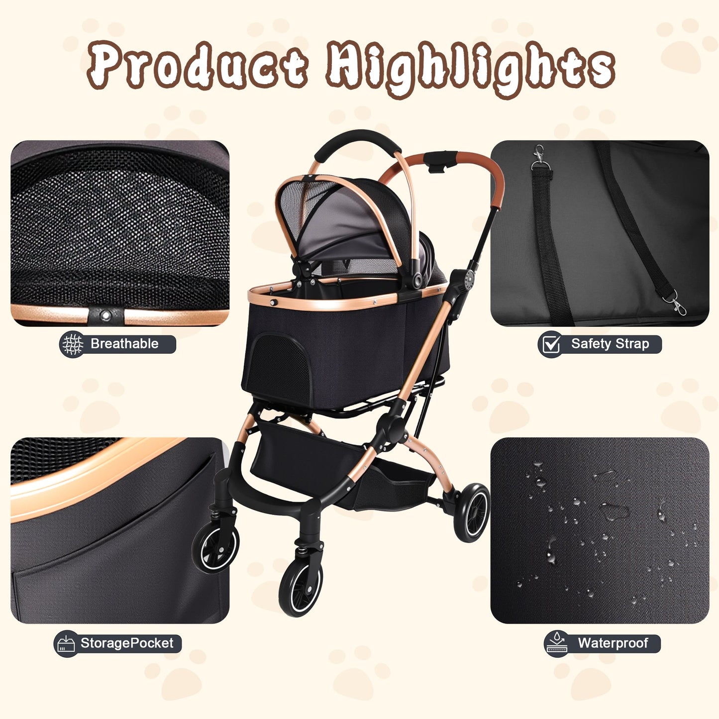 Pet Stroller for Dogs and Cats, 2-in-1 Detachable Foldable Design