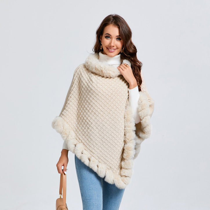 New Luxury Rabbit Fur Collar Shawl Cape for women Elegant Autumn Winter Fashion