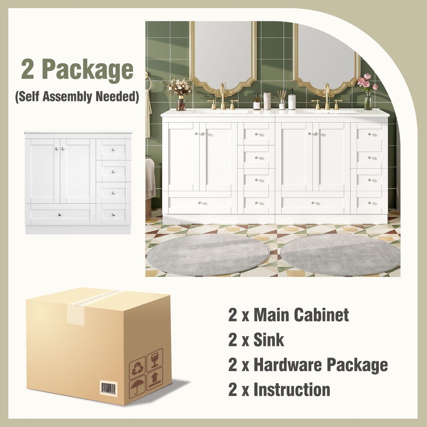 Shaker Free Standing Bathroom Vanity Cabinet & Sink, Soft Close Drawers, Soft Close Doors
